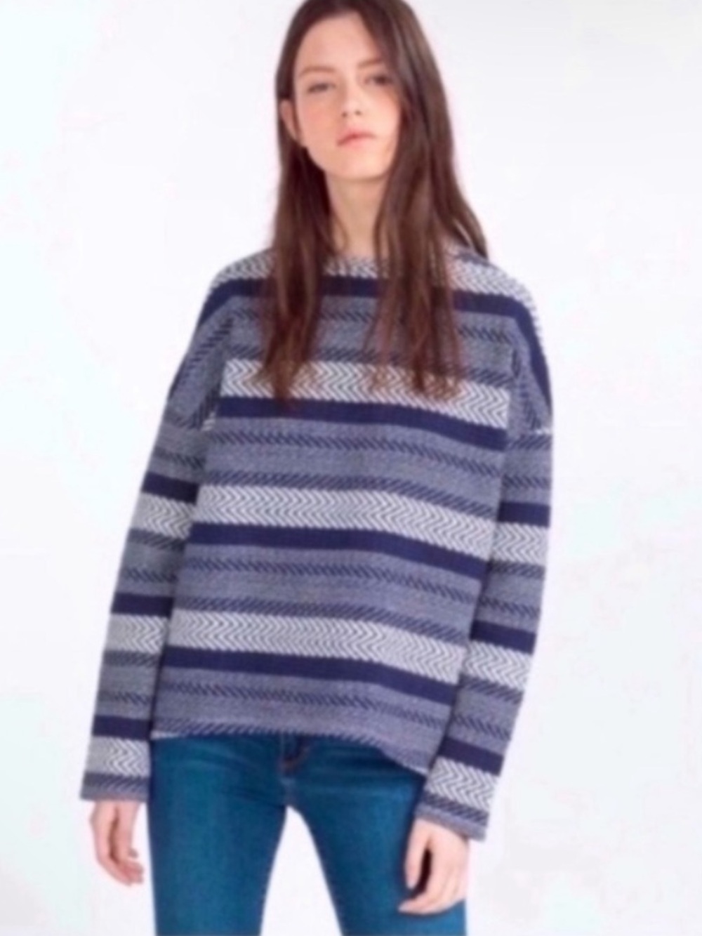 Zara Trafaluc Long Sleeve Blue and White Textured Oversized Top Size Small
